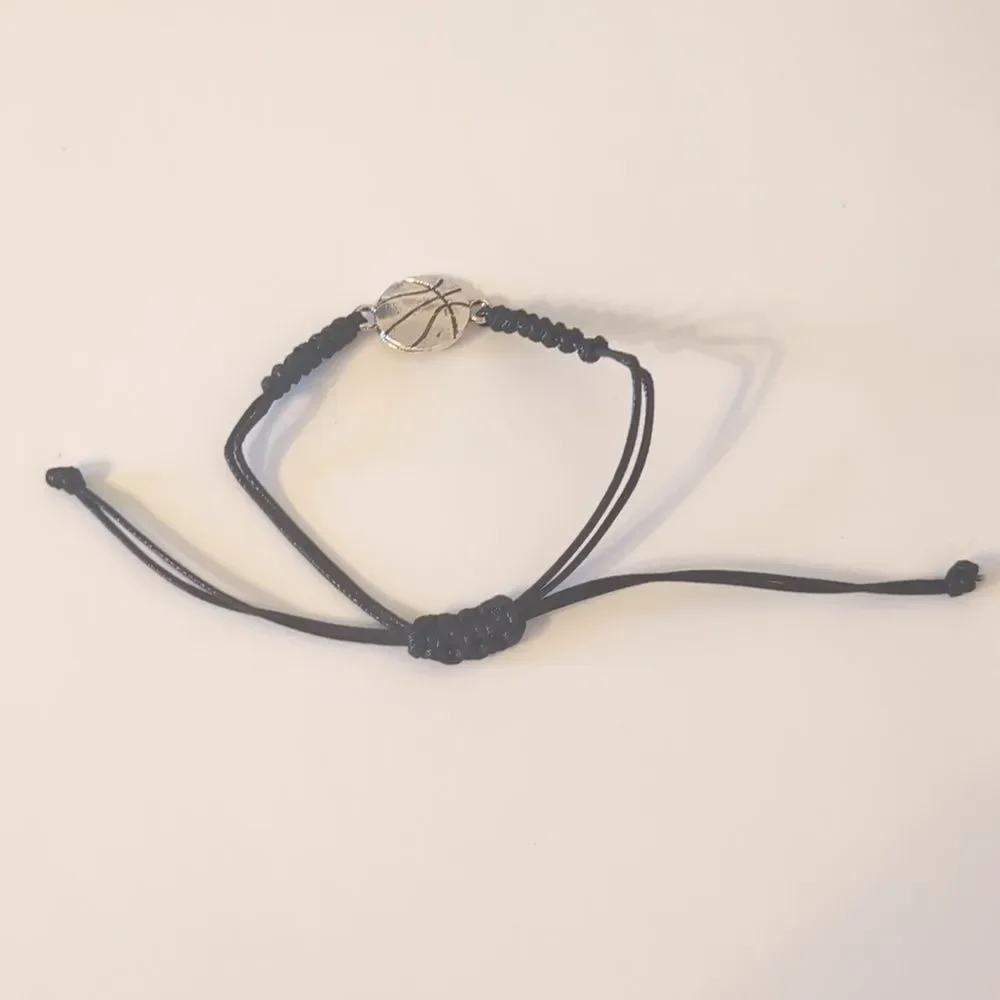 766 Black Woven Adjustable Slider Bracelet with Silver Basketball Charm‎
